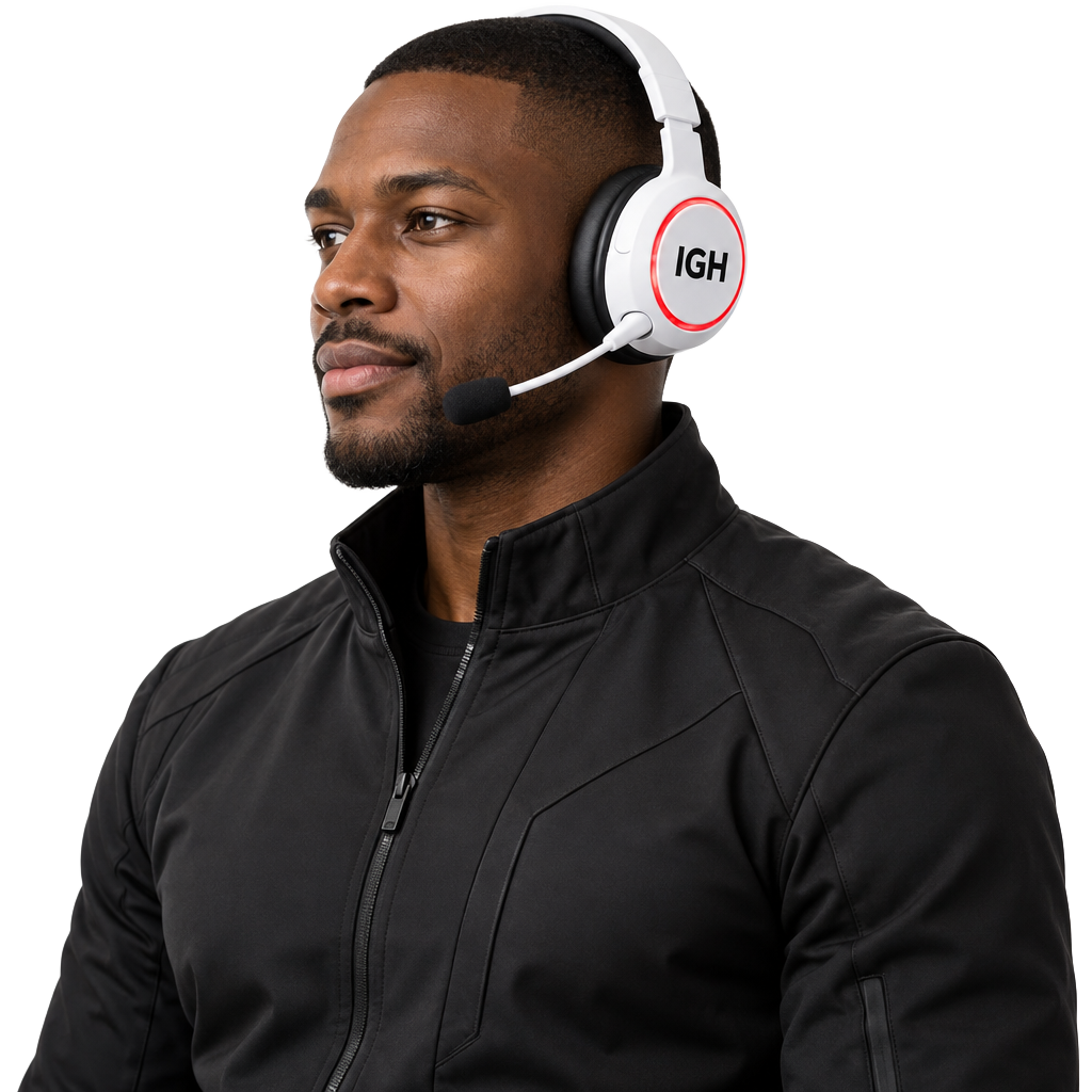 Illustrative IGH agent in a black tech jacket and IGH headset