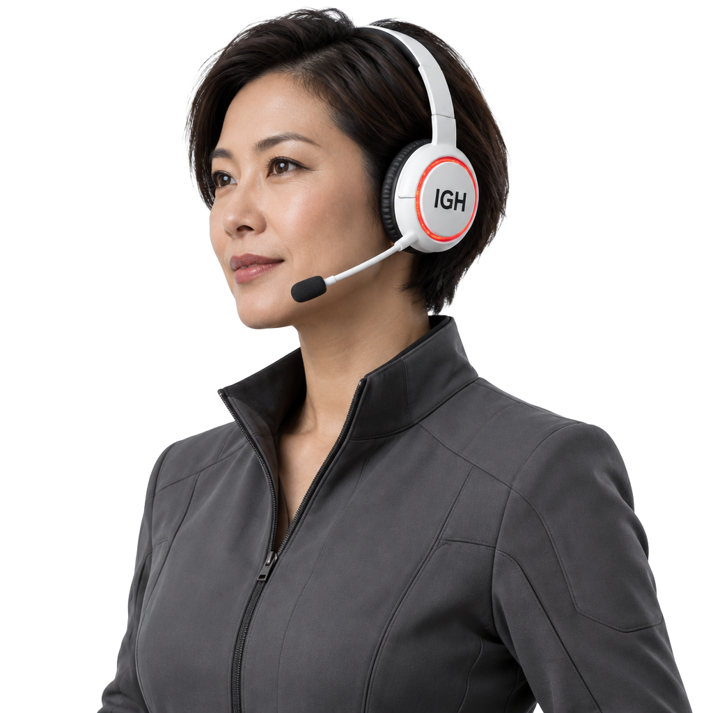 Illustrative IGH agent in a grey tech jacket and IGH headset