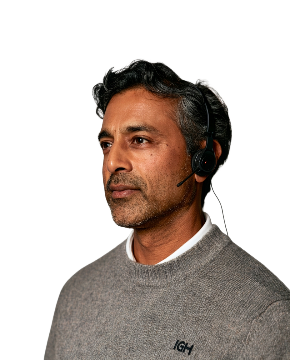 Illustrative IGH representative in a gray sweater and headset