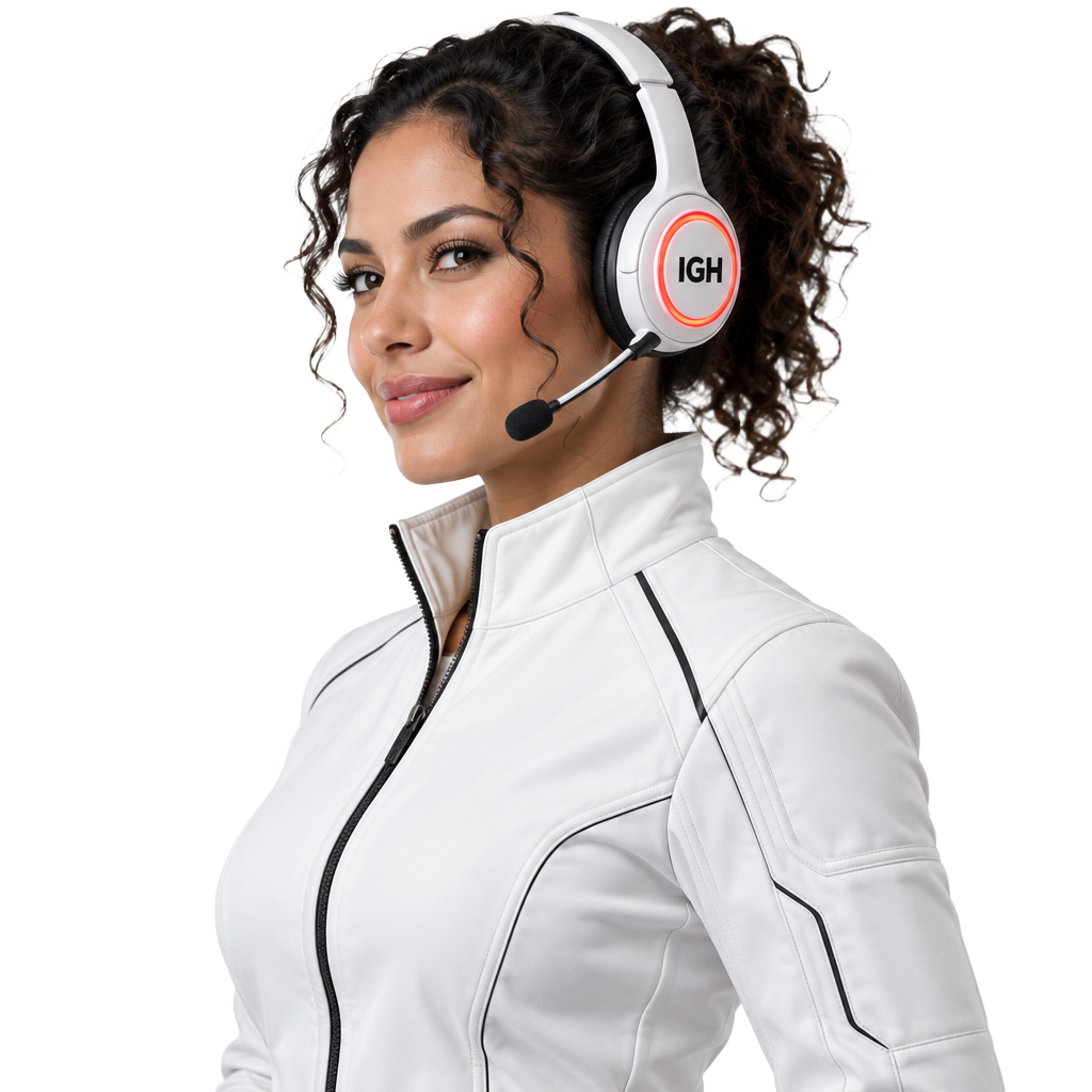 Illustrative IGH agent in a white tech jacket and IGH headset