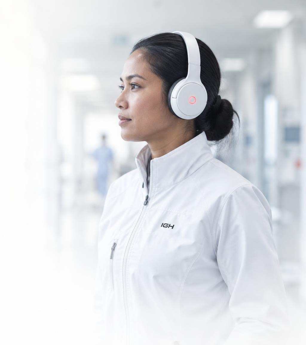 Illustrative IGH specialist in a white IGH jacket and headset, in profile in a softly blurred hospital corridor