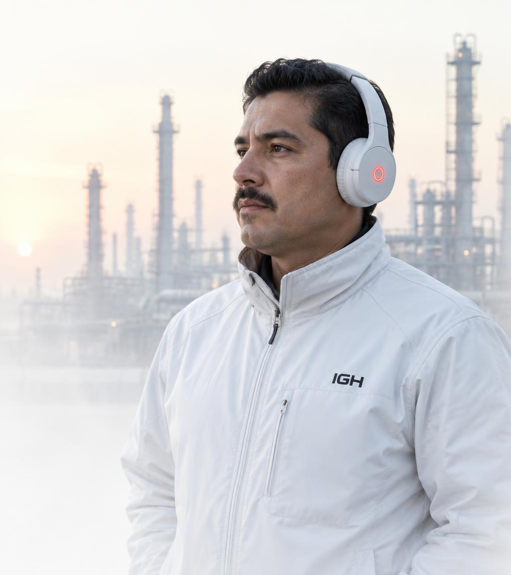 Illustrative IGH specialist in a white IGH jacket and headset with a hazy oil refinery at dawn behind him