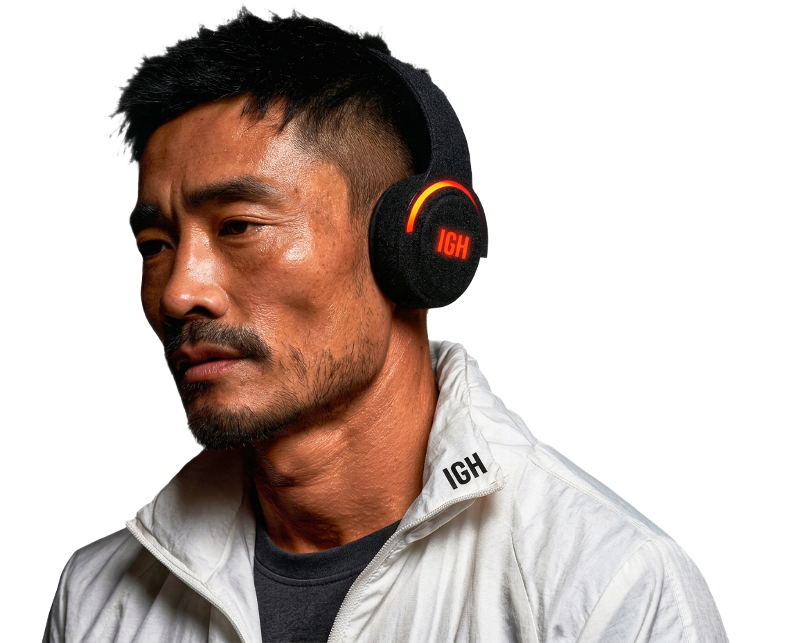 IGH incident response specialist in a white IGH jacket wearing a black IGH headset with a red illuminated ring